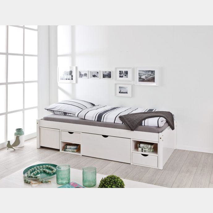 Ampio letto contenitore moderno e comodino con ruote in pino massello 