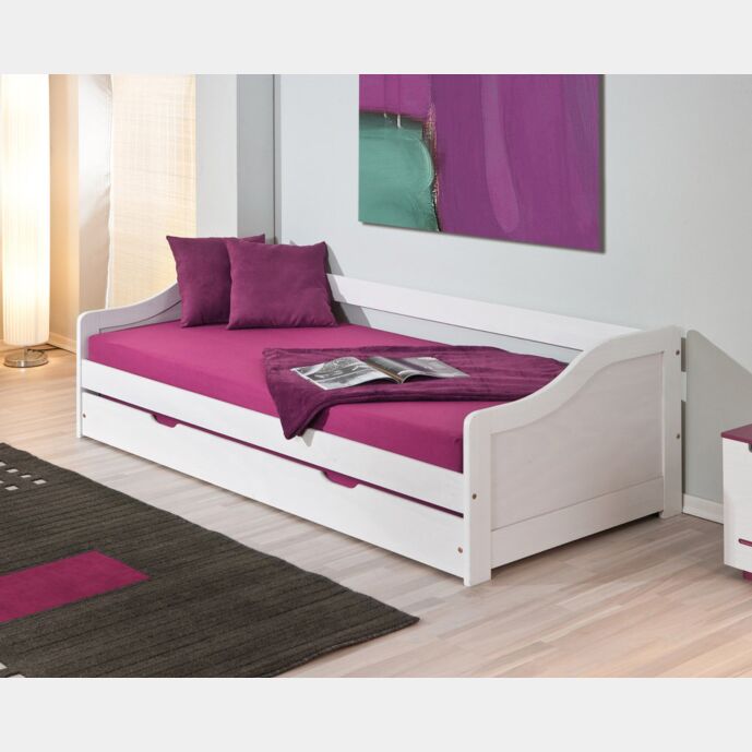 Divano letto con secondo letto ad estrazione, doghe incluse, colore bianco