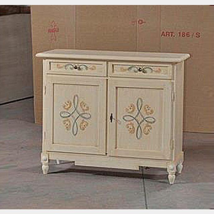 Credenza in legno finitura Avorio pennellato con decori, 2 porte e 2 cassetti 105x94