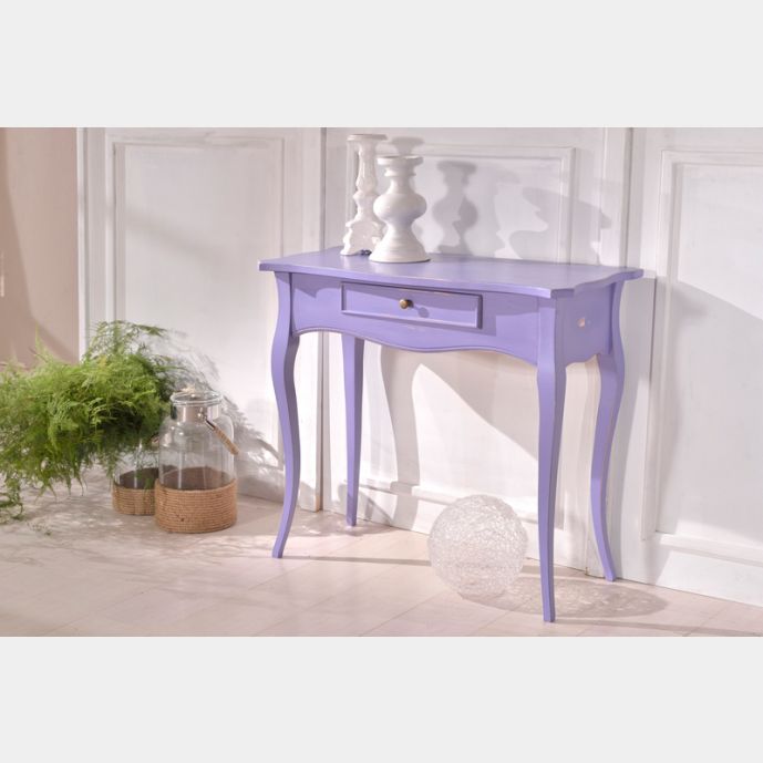 Consolle in legno color lavanda, stile classico con cassetto e gambe sagomate a sciabola 87x77