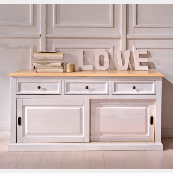 Credenza in legno finitura bianco, con 2 porte scorrevoli e 3 cassetti 120x107