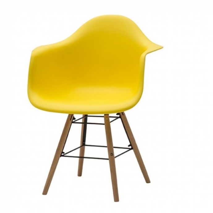 Sedia di Design Gialla con gambe in Legno, seduta e braccioli in pvc