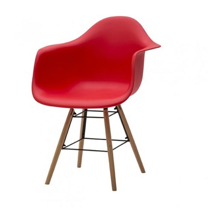 Sedia di Design Rosso con gambe in Legno, seduta e braccioli in pvc