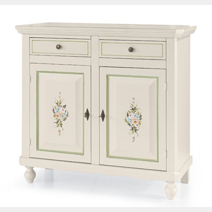 Credenza in legno, bianco lucido con decori, arte povera - cm 104x98