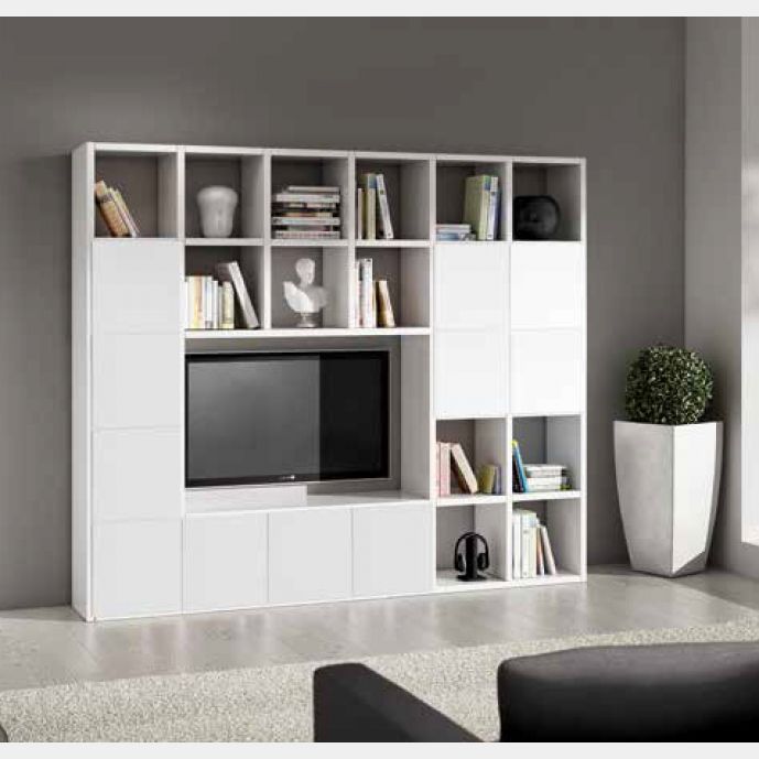 Parete attrezzata moderna di design, in legno bianco frassinato - 261x218 cm