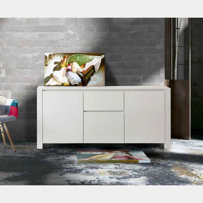 Credenza Moderna, Madia di Design, 2 ante e 2 cassetti, Abete Bianco Spazzolato