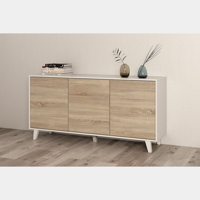 Credenza, Madia 3 ante, finitura bianco lucido e rovere canadian