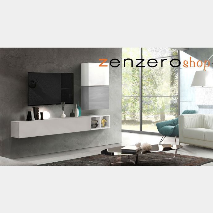 Soggiorno Zenzero moderno, parete attrezzata moderna con pensili in finitura Bianco lucido, Gesso e Grigio Artico