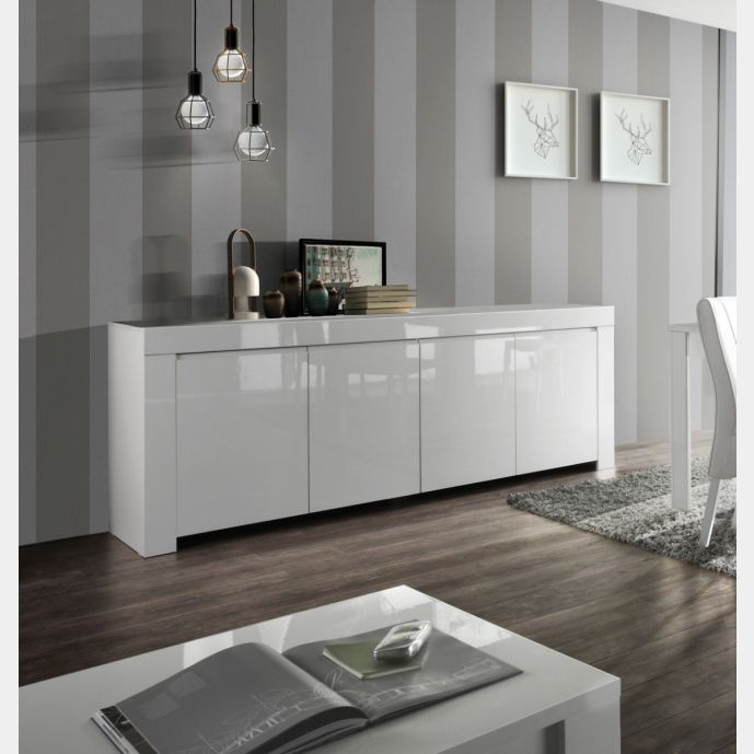 Credenza Moderna, Madia di Design, 4 ante, colore Bianco Lucido