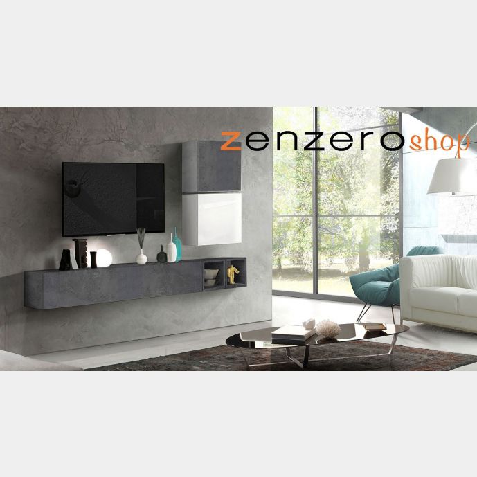 Soggiorno Zenzero, parete soggiorno bianco lucido, beton, piombo e ossido con cubi e vano a giorno