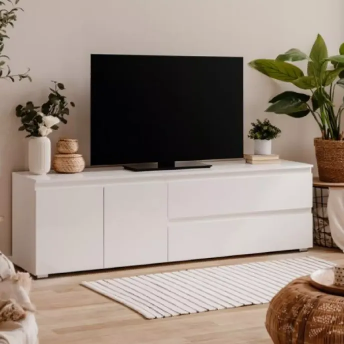 Porta TV moderno L.180 cm, colore Bianco lucido