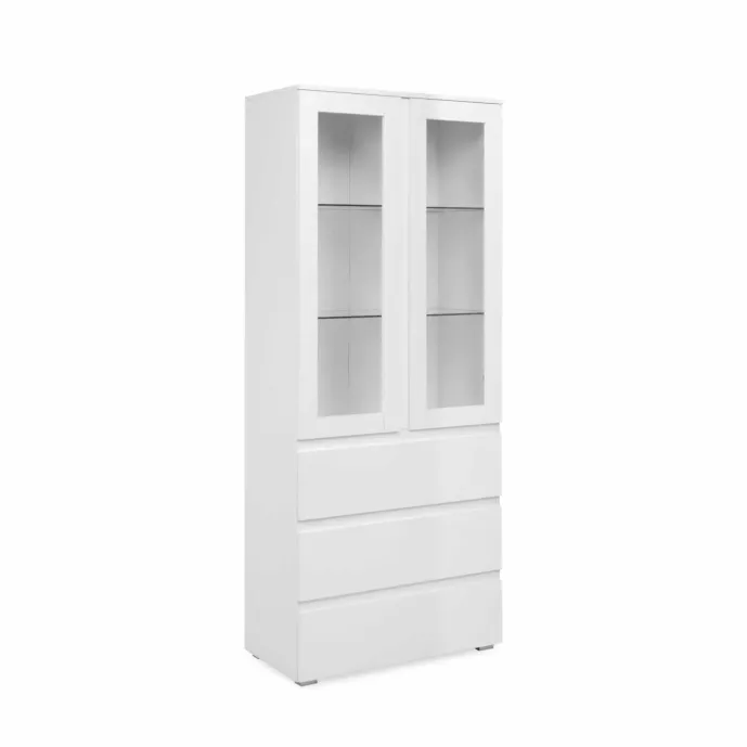 Elegante Vetrina moderna 3 cassetti, colore Bianco lucido