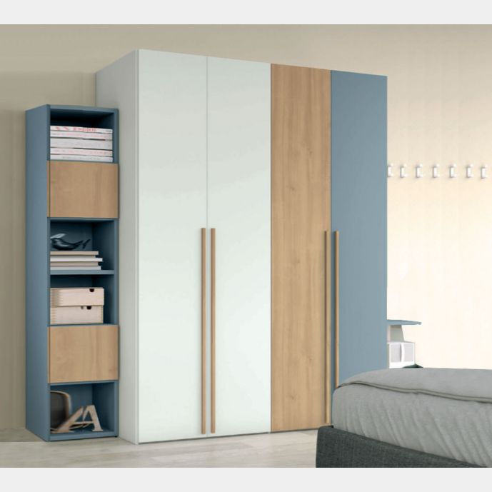 Armadio moderno con 4 ante battenti in finitura Bianco opaco, Rovere Oak e Cenere