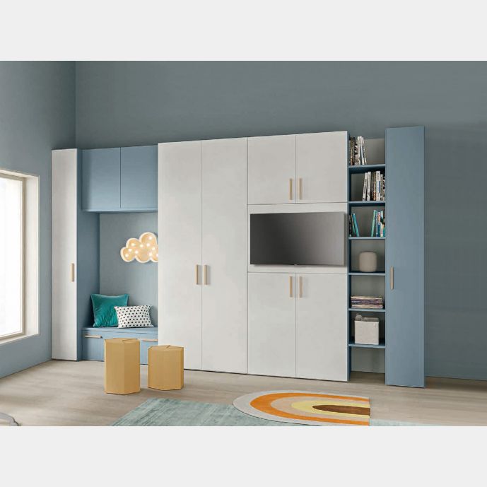 Armadio con porta tv e libreria, finitura Cemento artico, Cenere e Rovere oak