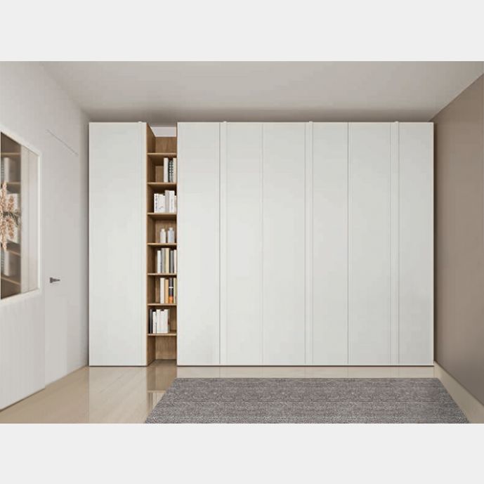 Armadio battente con libreria, 7 ante, finitura Rovere bianco e Rovere cognac