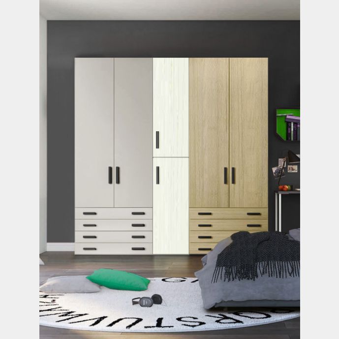 Armadio moderno L.226 a 6 ante e 8 cassetti H.257, finiture Rovere bianco, Rovere Oak e Grigio Dorian