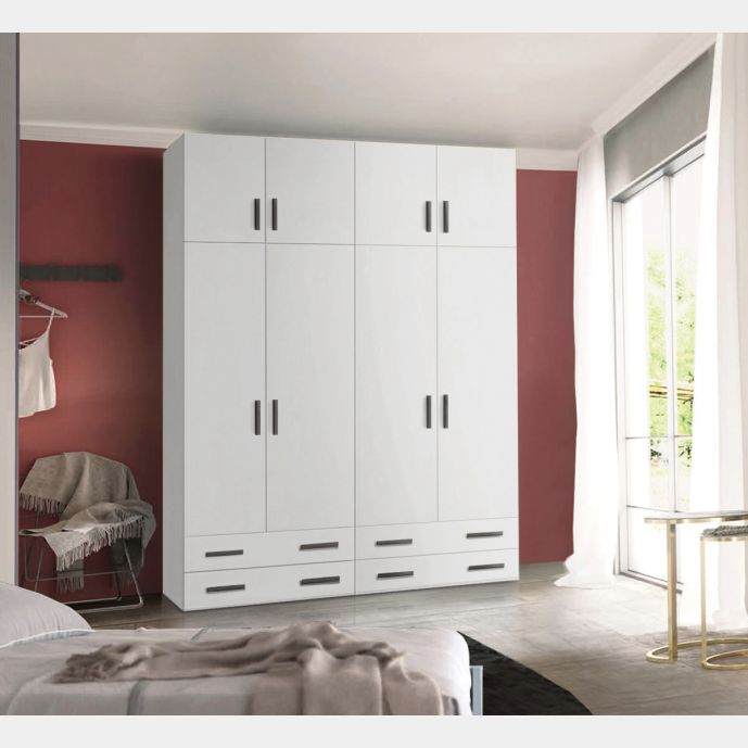 Armadio moderno L.181 a 8 ante e 4 cassetti H.257, finiture Bianco Opaco