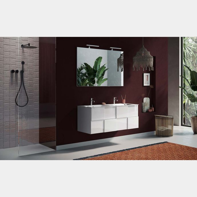 Mobile da bagno sospeso L.122 doppio lavabo, 2 cassetti, finitura Bianco lucido