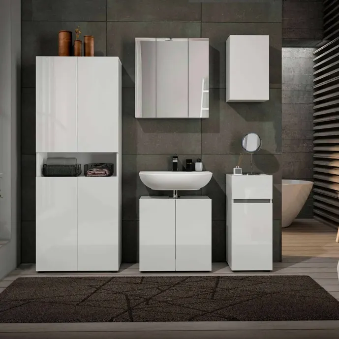 Bagno moderno completo con specchio, finitura Bianco Lucido