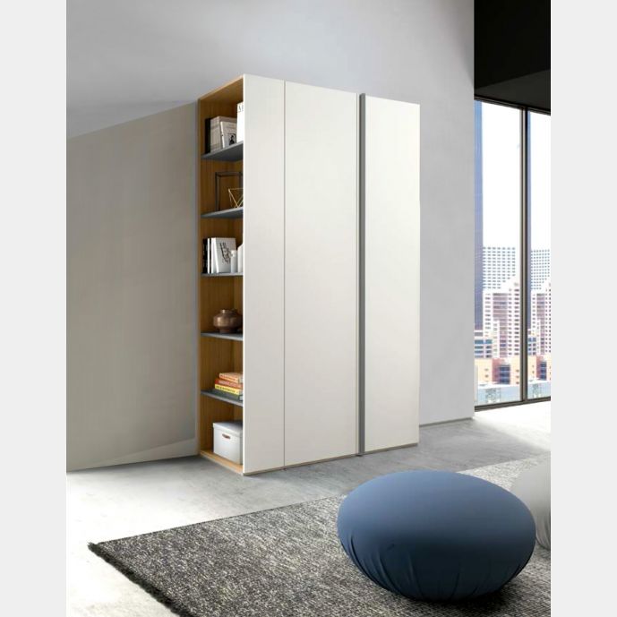 Armadio di design, 2 ante battenti e libreria laterale, finitura Bianco  Opaco e Blu Avio