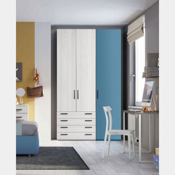 Armadio moderno L.151 a 3 ante e 4 cassetti H.257, finitura Frassino Bianco e Blu Egeo