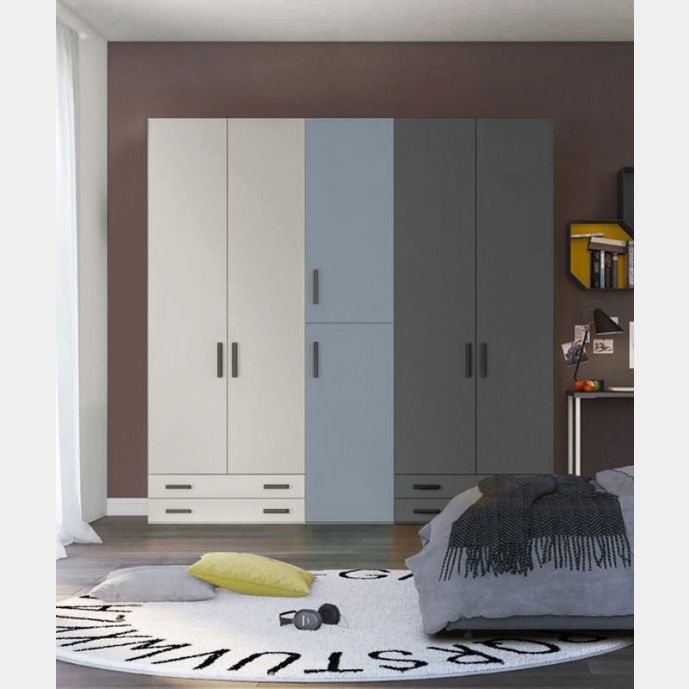Armadio moderno L.241 a 6 ante e 4 cassetti H.257, finiture Grigio Dorian, Cadaques e Grigio Titanio