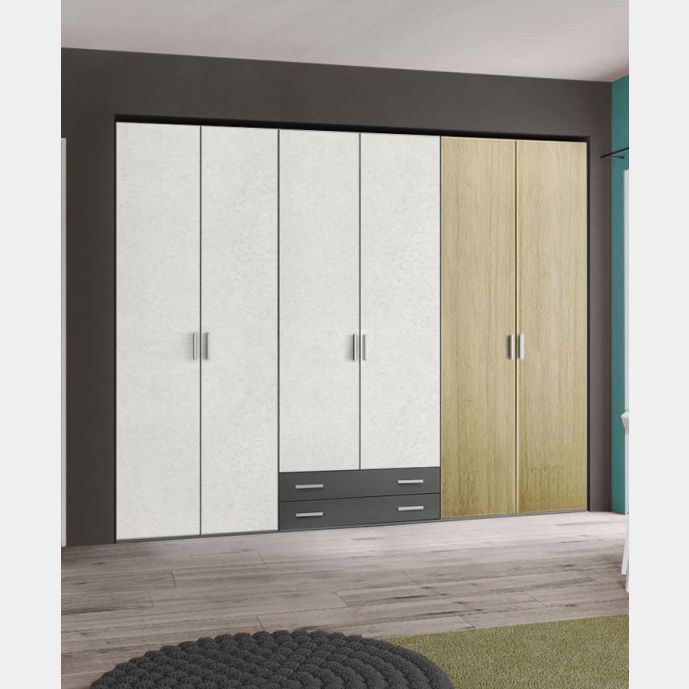 Armadio moderno L.271 a 6 ante e 2 cassetti H.257, finitura Royal Oak, Grigio Titanio e Cemento Artico