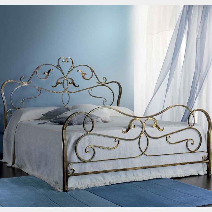 Letto in ferro battuto Debussy, colore marrone anticato oro, made in Italy