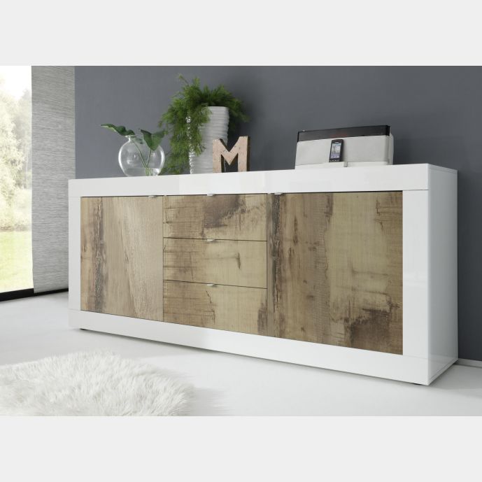 Credenza Moderna, Madia Bianca Lucida con 2 ante e 3 cassetti in finitura Pero