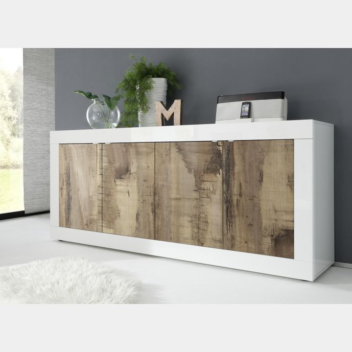 Credenza Moderna, Madia Bianca Lucida con 4 ante in finitura Pero