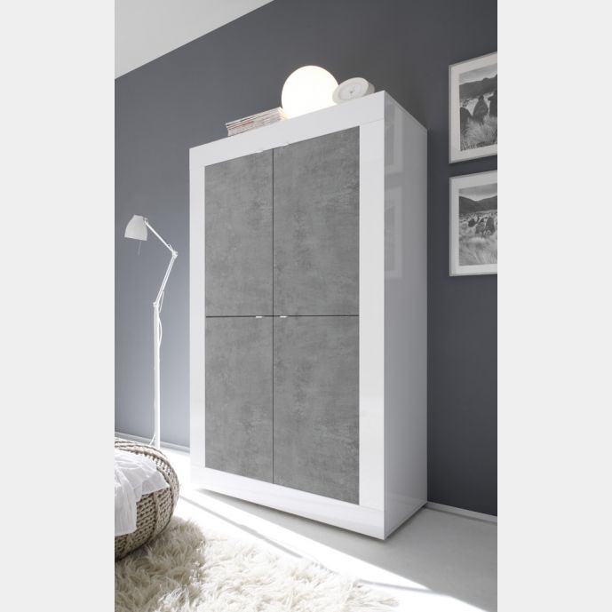 Credenza Moderna, Madia di Design, 4 ante Alta, Bianco Lucido e Cemento