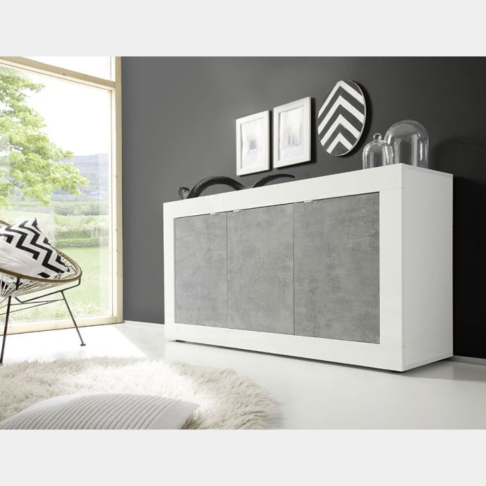 Credenza Moderna, Madia Bianca Lucida con 3 ante in finitura Cemento