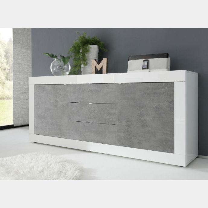 Credenza Moderna, Madia di Design, 2 ante e 3 cassetti, Bianco e Cemento