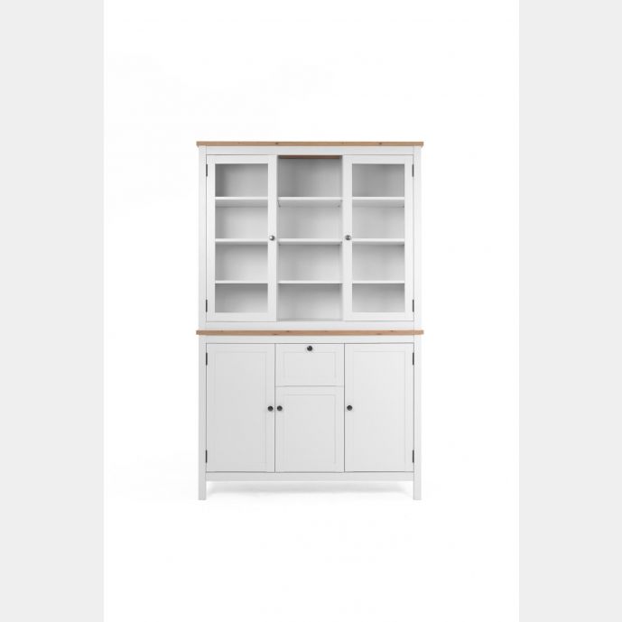 Madia credenza con 3 ante 2 ante in vetro e 1 cassetto finitura bianco opaco e top in quercia