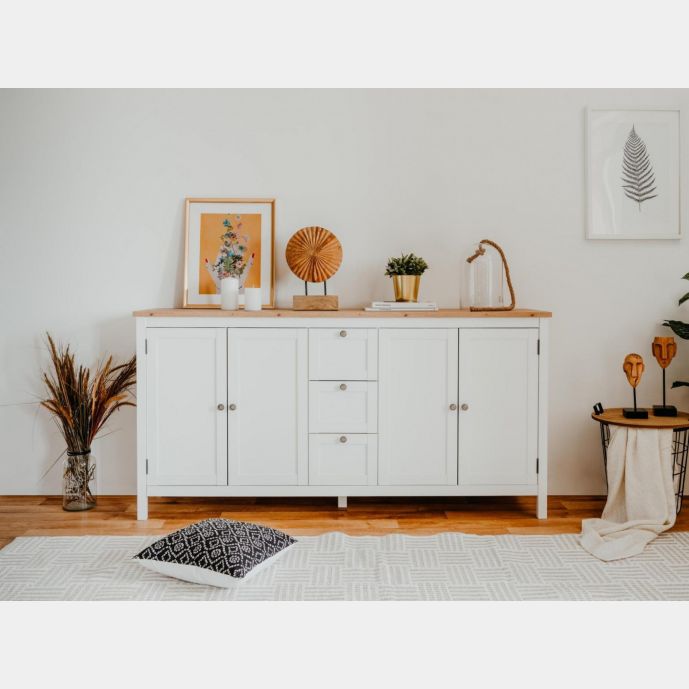 Madia credenza 4 ante, 3 cassetti in finitura bianco opaco con top in quercia