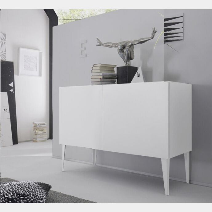 Credenza Moderna, Madia di Design, 2 ante, Bianca opaco con piedini