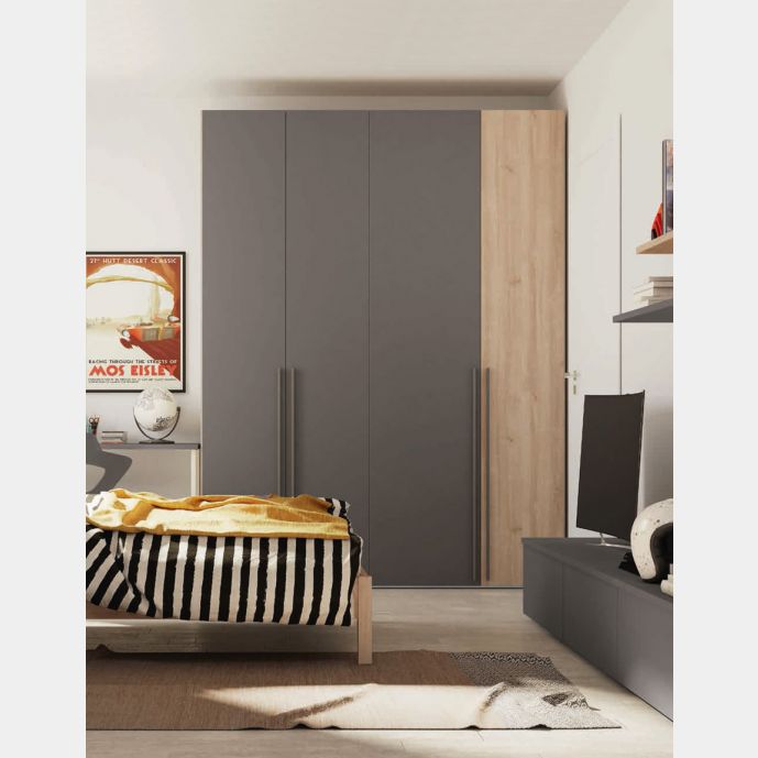 Armadio moderno 4 ante battenti H.257 color Grigio Titanio e Rovere Oak