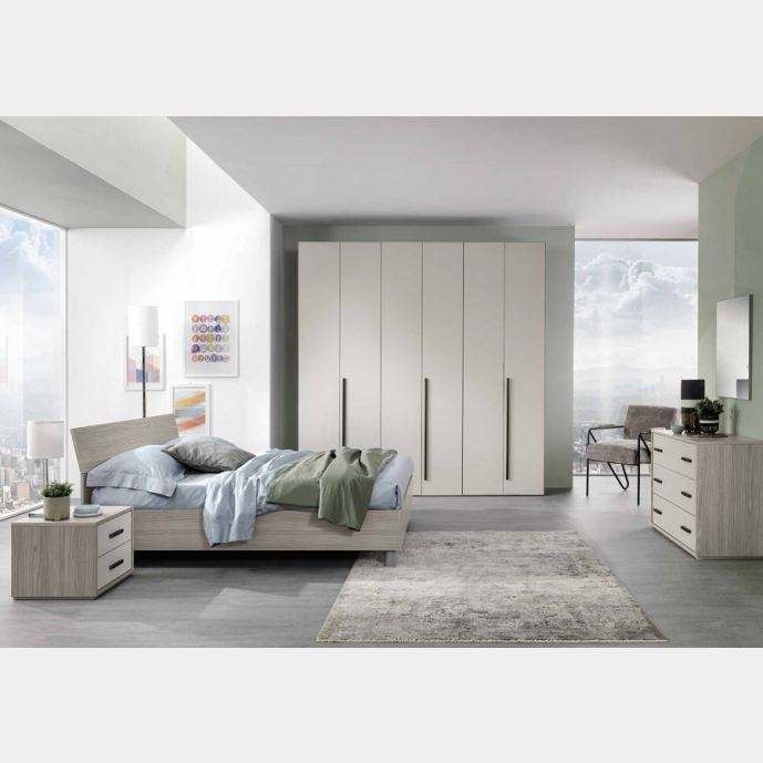Camera  da letto completa, finitura grigio resina e tortora chiaro, con armadio battente 6 ante, made in Italy