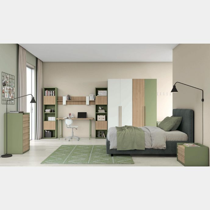 Camera con un letto singolo e armadio in finitura Bianco opaco, Rovere Oak e oliva