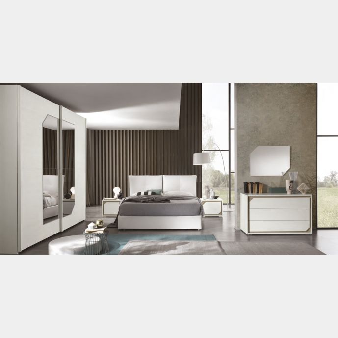 Camera da letto completa, finitura Olmo Bianco con dettagli Visone