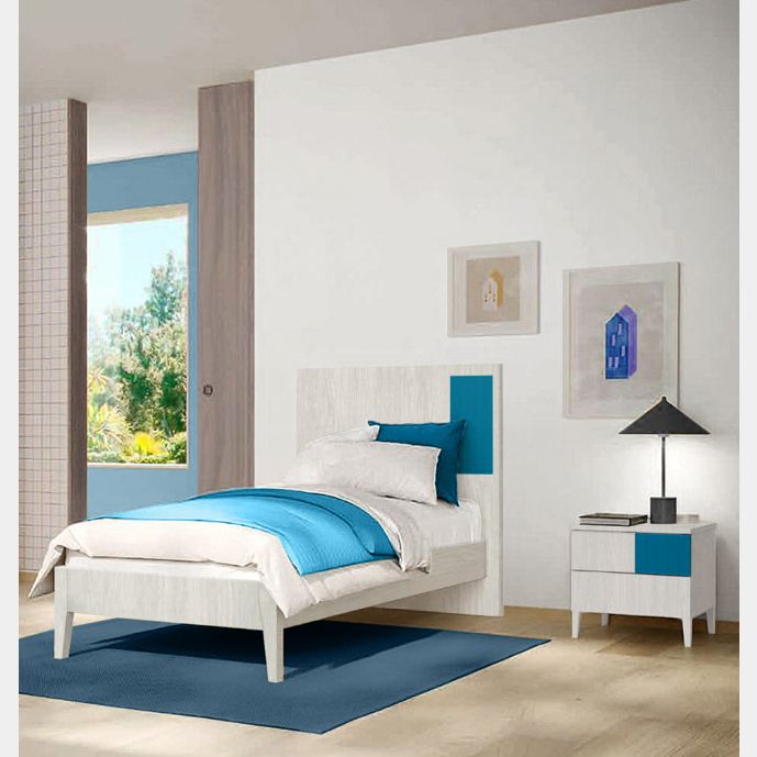 Letto singolo Rovere gesso con dettaglio Blu egeo