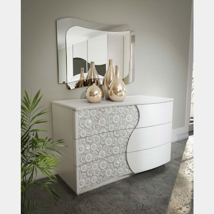 Comò stile contemporaneo con 3 cassetti, bianco con inserti floreali