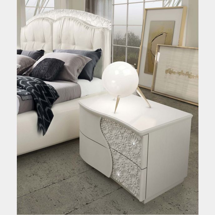 Comodino stile contemporaneo con 2 cassetti, bianco con inserti floreali