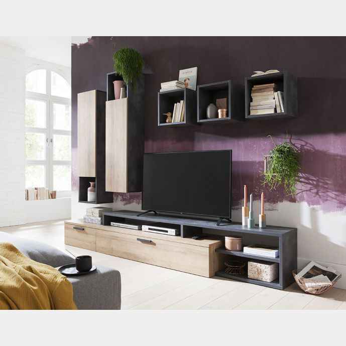 Base porta Tv industry  in finitura Grigio smoke e Rovere