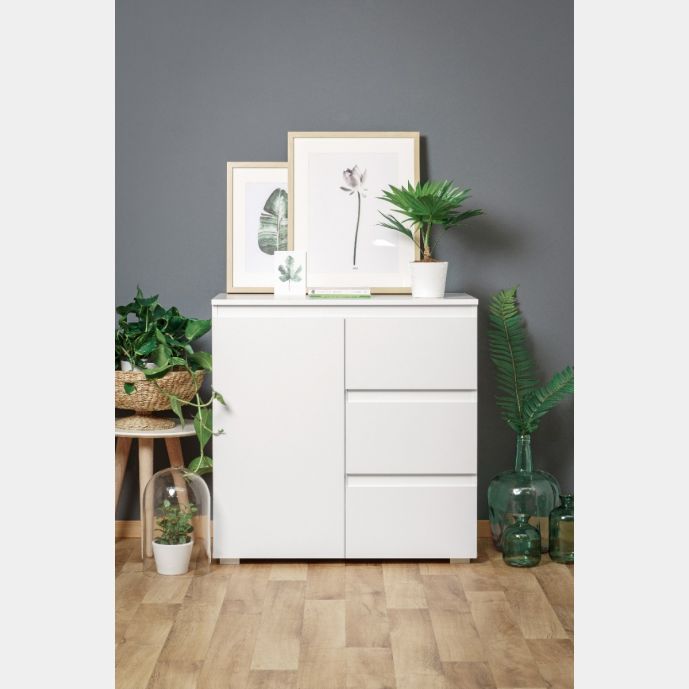 Conveniente credenza  1 anta e 3 cassetti, colore Bianco opaco 