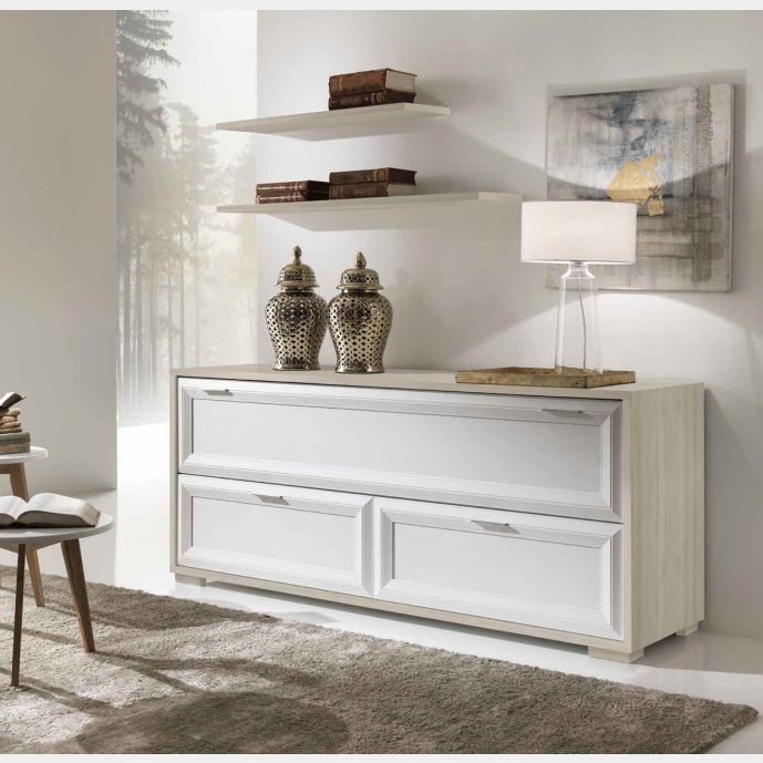 Credenza classica Bianco Frassinato e Olmo chiaro con ribalta e 2 cassetti