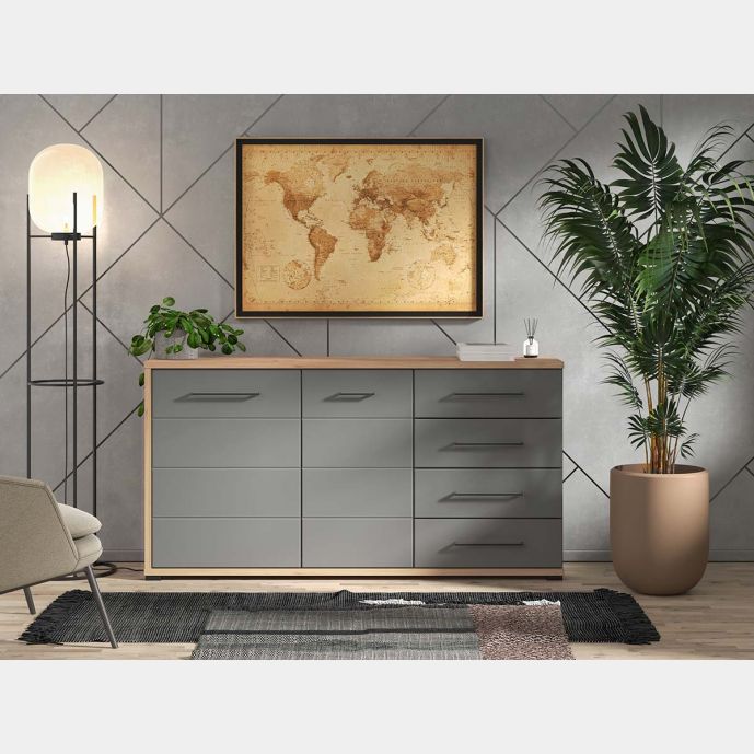 Credenza moderna 4 cassetti e 2 ante, Grigio grafite e Rovere