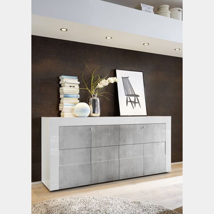 Offerta credenza Moderna, Madia di Design, 4 ante, Bianco Lucido con frontali Beton