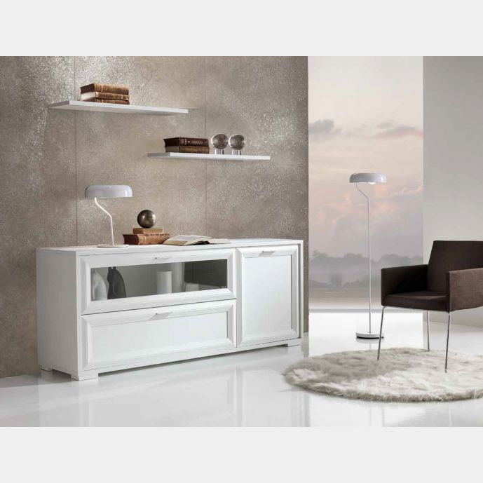 Credenza salvaspazio classica Bianco Frassinato con anta, cassettone e ribalta in vetro