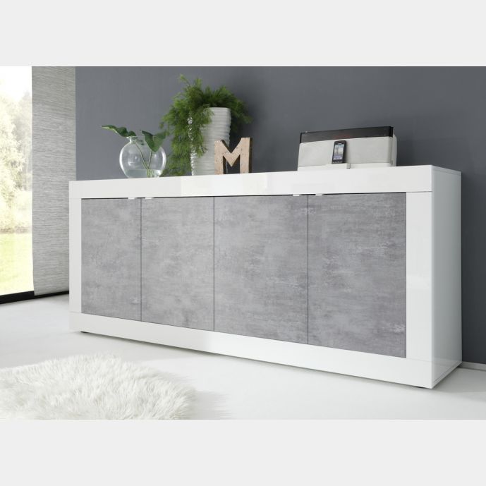 Credenza Moderna, Madia bianca laccata lucida e cemento a 4 ante